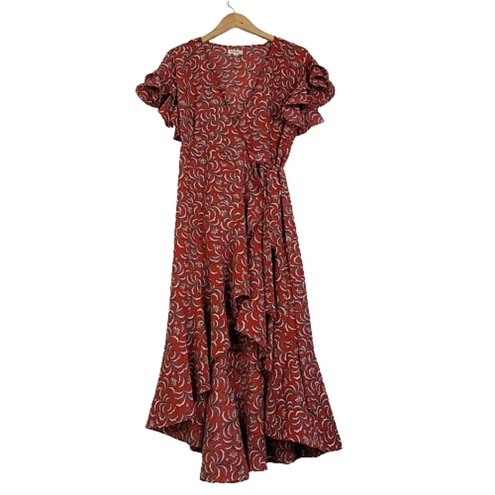Max Studio red floral ruffle v-neck wrap dress